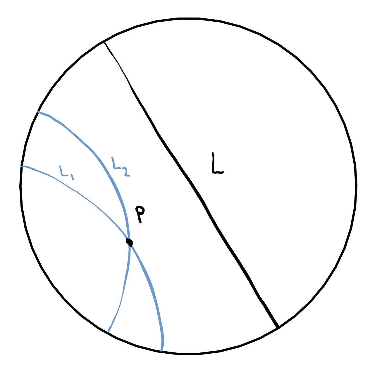 Figure. In the Poincaré disk model, both $L_1$ and $L_2$ are parallel to $L$ and pass through $P$.